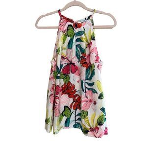 Tommy Bahama 100% Linen Topical Floral Tie Neck Sleeveless Tank Top Womens Large
